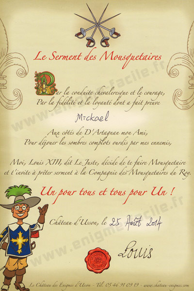 diplome du mousquetaire au Chateau des enigmes